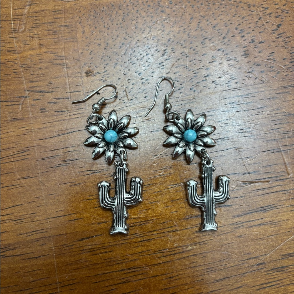 Silver Cactus and Flower Earrings